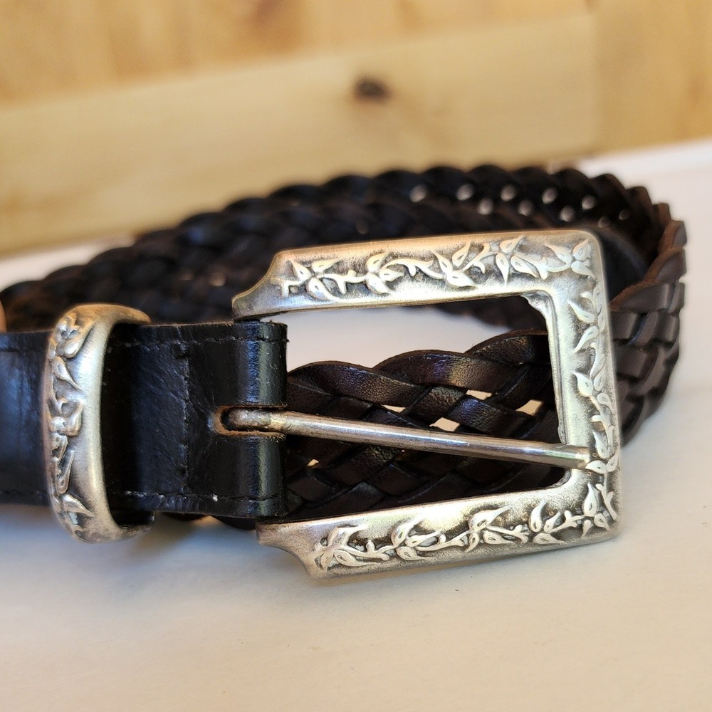 Vintage Black Leather Braided SMALL 33" Western Cowgirl Belt Engraved Buckle